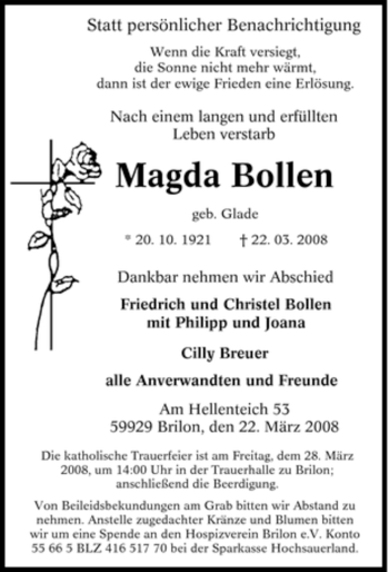 Traueranzeige von Magda Bollen von Tageszeitung