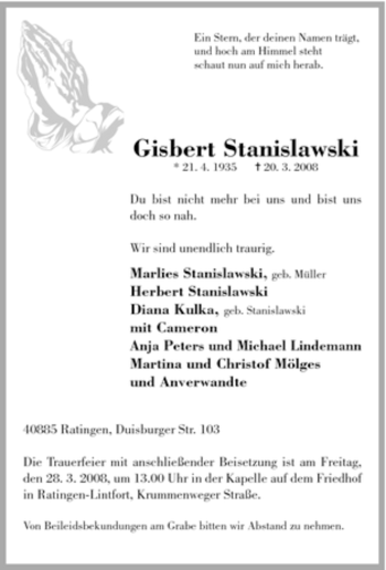 Traueranzeige von Gisbert Stanislawski von Tageszeitung