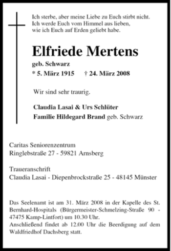 Traueranzeige von Elfriede Mertens von Tageszeitung