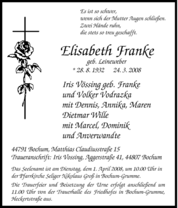 Traueranzeige von Elisabeth Franke von Tageszeitung