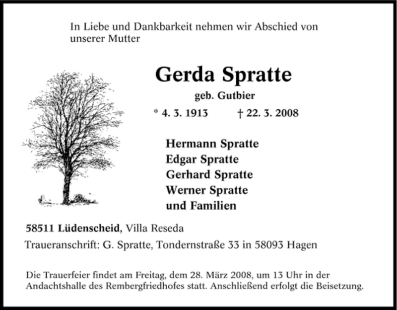  Traueranzeige für Gerda Spratte vom 26.03.2008 aus Tageszeitung