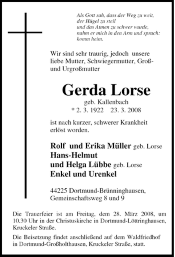 Traueranzeige von Gerda Lorse von Tageszeitung