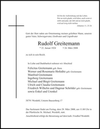 Traueranzeige von Rudolf Greitemann von Tageszeitung