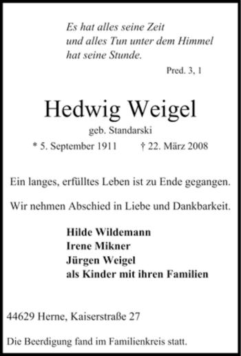 Traueranzeige von Hedwig Weigel von Tageszeitung