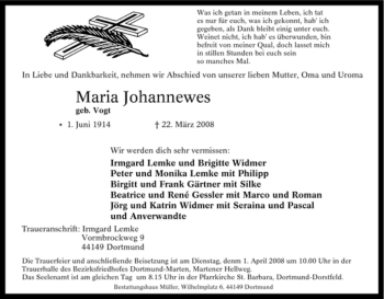 Traueranzeige von Maria Johannewes von Tageszeitung