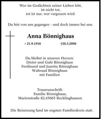 Traueranzeige von Anna Bönnighaus von Tageszeitung