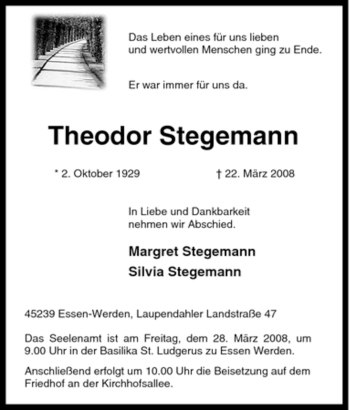 Traueranzeige von Theodor Stegemann von Tageszeitung