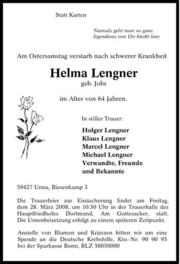 Traueranzeige von Helma Lengner von Tageszeitung