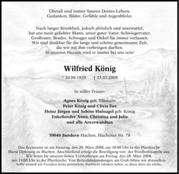 Traueranzeige von Wilfried König von Tageszeitung