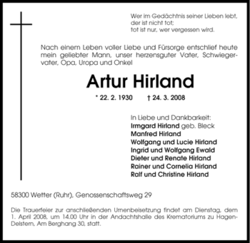 Traueranzeige von Artur Hirland von Tageszeitung
