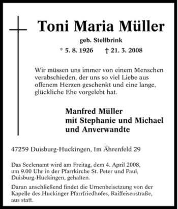 Traueranzeige von Toni Maria Müller von Tageszeitung
