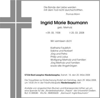 Traueranzeige von Ingrid Marie Baumann von Tageszeitung