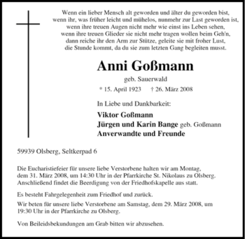 Traueranzeige von Anni Goßmann von Tageszeitung