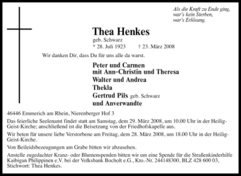 Traueranzeige von Thea Henkes von Tageszeitung
