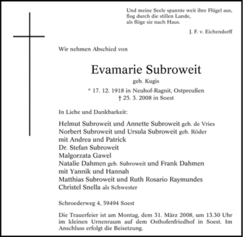 Traueranzeige von Evamarie Subroweit von Tageszeitung