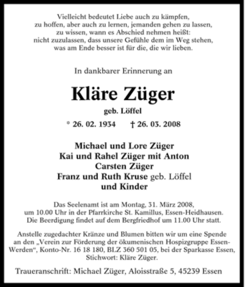 Traueranzeige von Kläre Züger von Tageszeitung