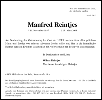 Traueranzeige von Manfred Reintjes von Tageszeitung