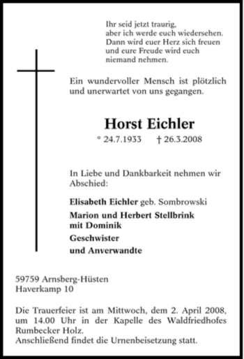 Traueranzeige von Horst Eichler von Tageszeitung