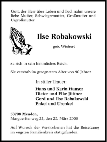 Traueranzeige von Ilse Robakowski von Tageszeitung