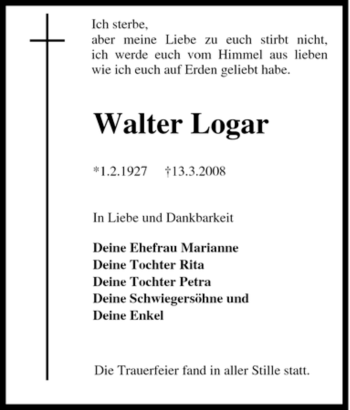 Traueranzeige von Walter Logar von Tageszeitung