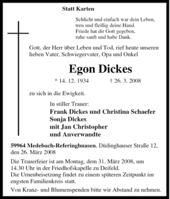 Traueranzeige von Egon Dickes von Tageszeitung