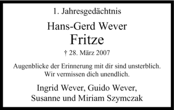 Traueranzeige von Hans-Gerd Wever von Tageszeitung