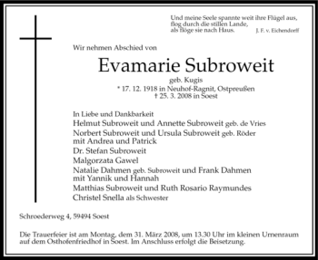 Traueranzeige von Evamarie Subroweit von Tageszeitung