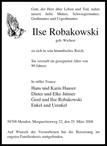 Traueranzeige von Ilse Robakowski von Tageszeitung
