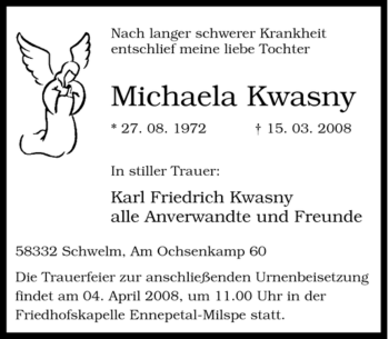 Traueranzeige von Michaela Kwasny von Tageszeitung