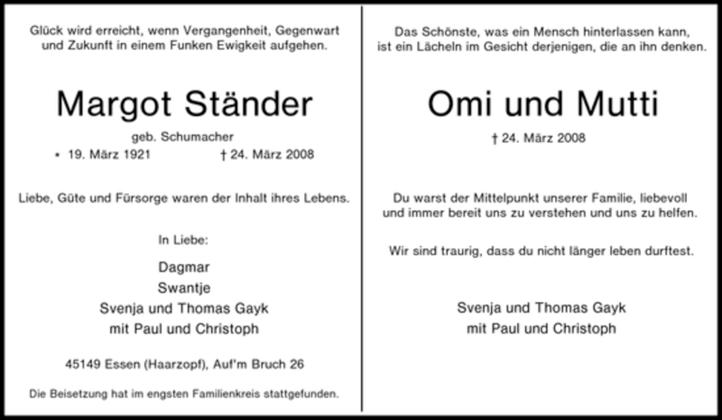  Traueranzeige für Margot Ständer vom 29.03.2008 aus Tageszeitung