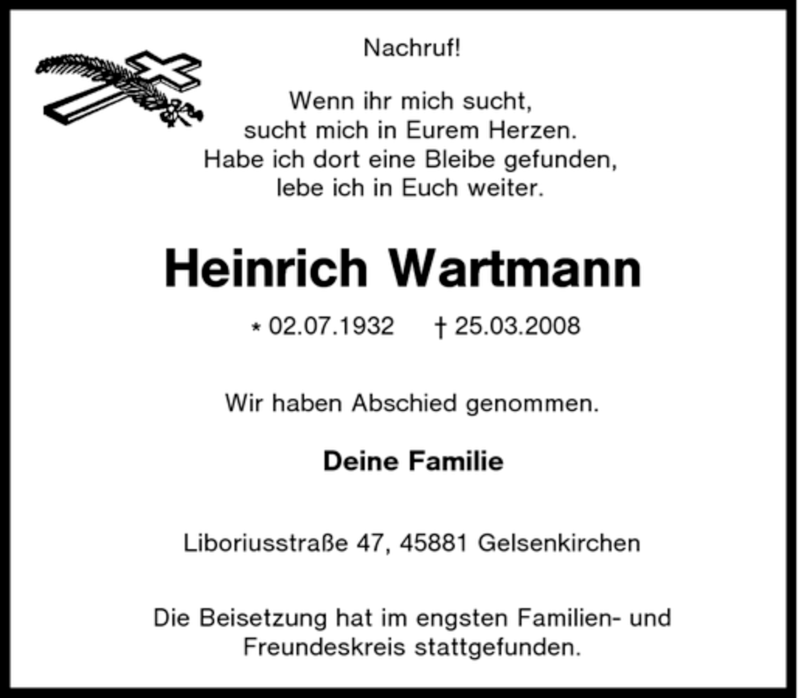  Traueranzeige für Heinrich Wartmann vom 29.03.2008 aus Tageszeitung