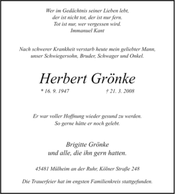 Traueranzeige von Herbert Grönke von Tageszeitung