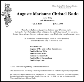 Traueranzeige von Auguste Marianne Christel Bade von Tageszeitung