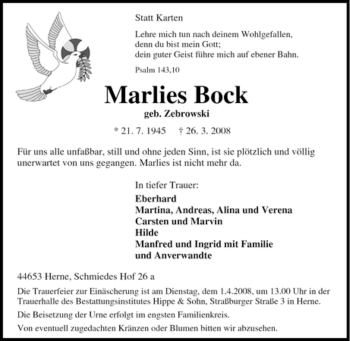 Traueranzeige von Marlies Bock von Tageszeitung