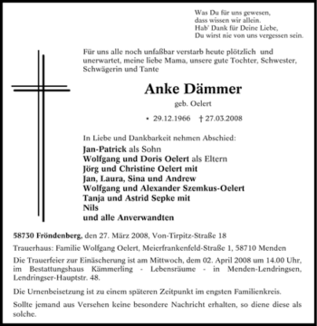 Traueranzeige von Anke Dämmer von Tageszeitung