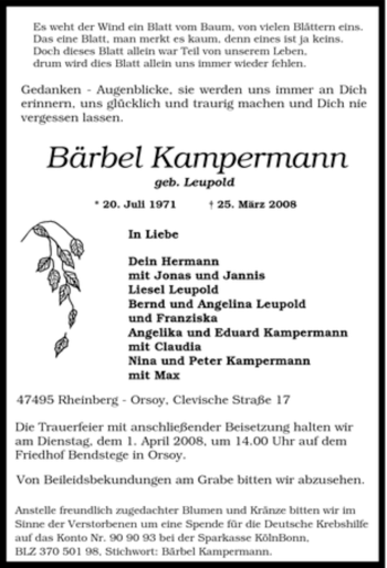 Traueranzeige von Bärbel Kampermann von Tageszeitung