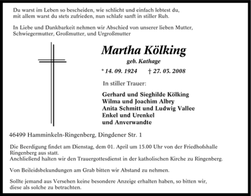  Traueranzeige für Martha Kölking vom 29.03.2008 aus Tageszeitung