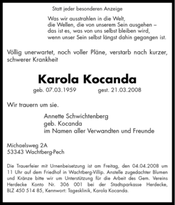 Traueranzeige von Karola Kocanda von Tageszeitung