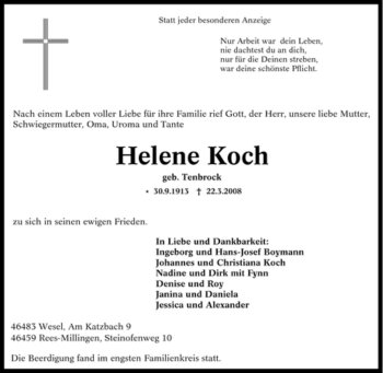 Traueranzeige von Helene Koch von Tageszeitung