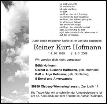 Traueranzeige von Reiner Kurt Hofmann von Tageszeitung