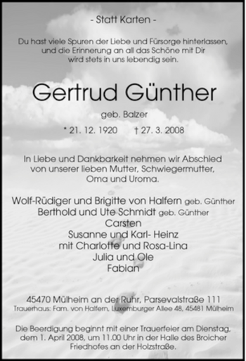 Traueranzeige von Gertrud Günther von Tageszeitung