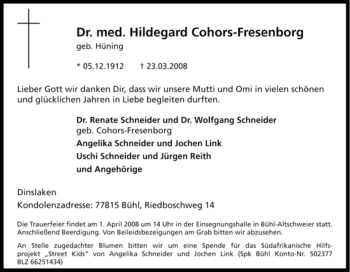 Traueranzeige von Hildegard Cohors-Fresenborg von Tageszeitung
