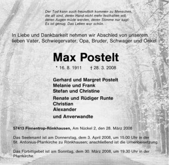 Traueranzeige von Max Postelt von Tageszeitung