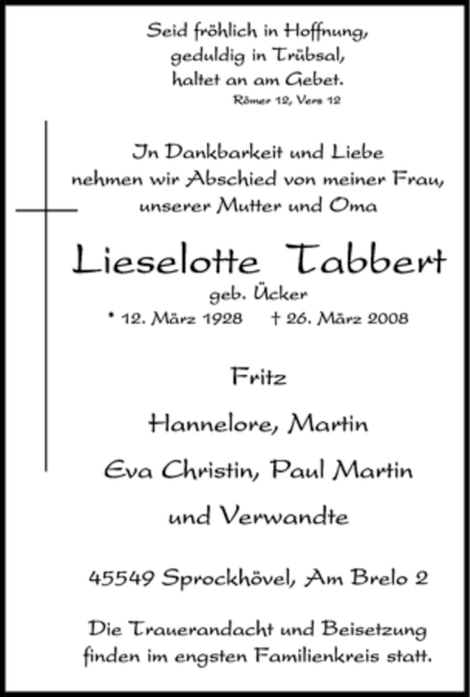  Traueranzeige für Lieselotte Tabbert vom 29.03.2008 aus Tageszeitung