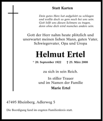 Traueranzeige von Helmut Ertel von Tageszeitung