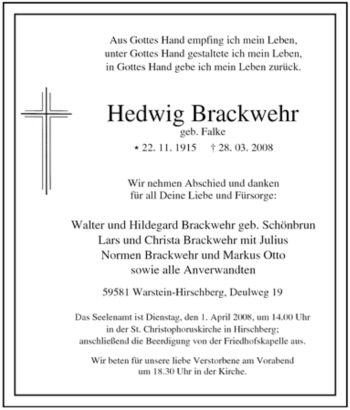 Traueranzeige von Hedwig Brackwehr von Tageszeitung