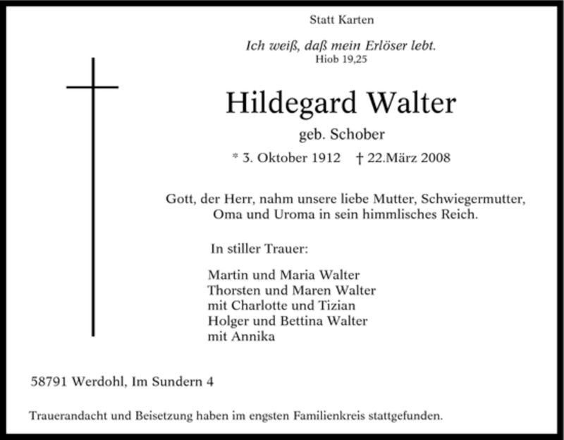  Traueranzeige für Hildegard Walter vom 29.03.2008 aus Tageszeitung