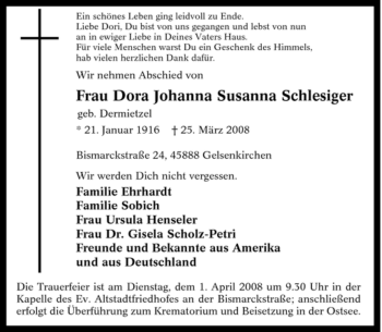 Traueranzeige von Dora Johanna Susanna Schlesiger von Tageszeitung
