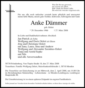 Traueranzeige von Anke Dämmer von Tageszeitung