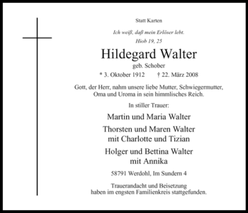 Traueranzeige von Hildegard Walter von Tageszeitung